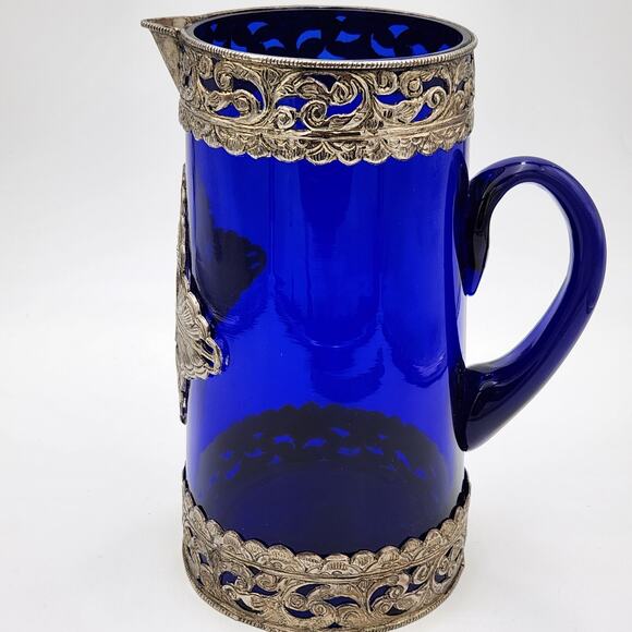 Cobalt Blue Pitcher with Silver Toned Filigree - Picture 10 of 15